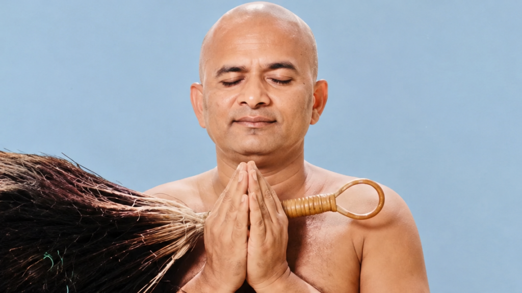 Man with eyes closed in prayer pose, palms pressed together, holding a broom over his shoulder against a blue background