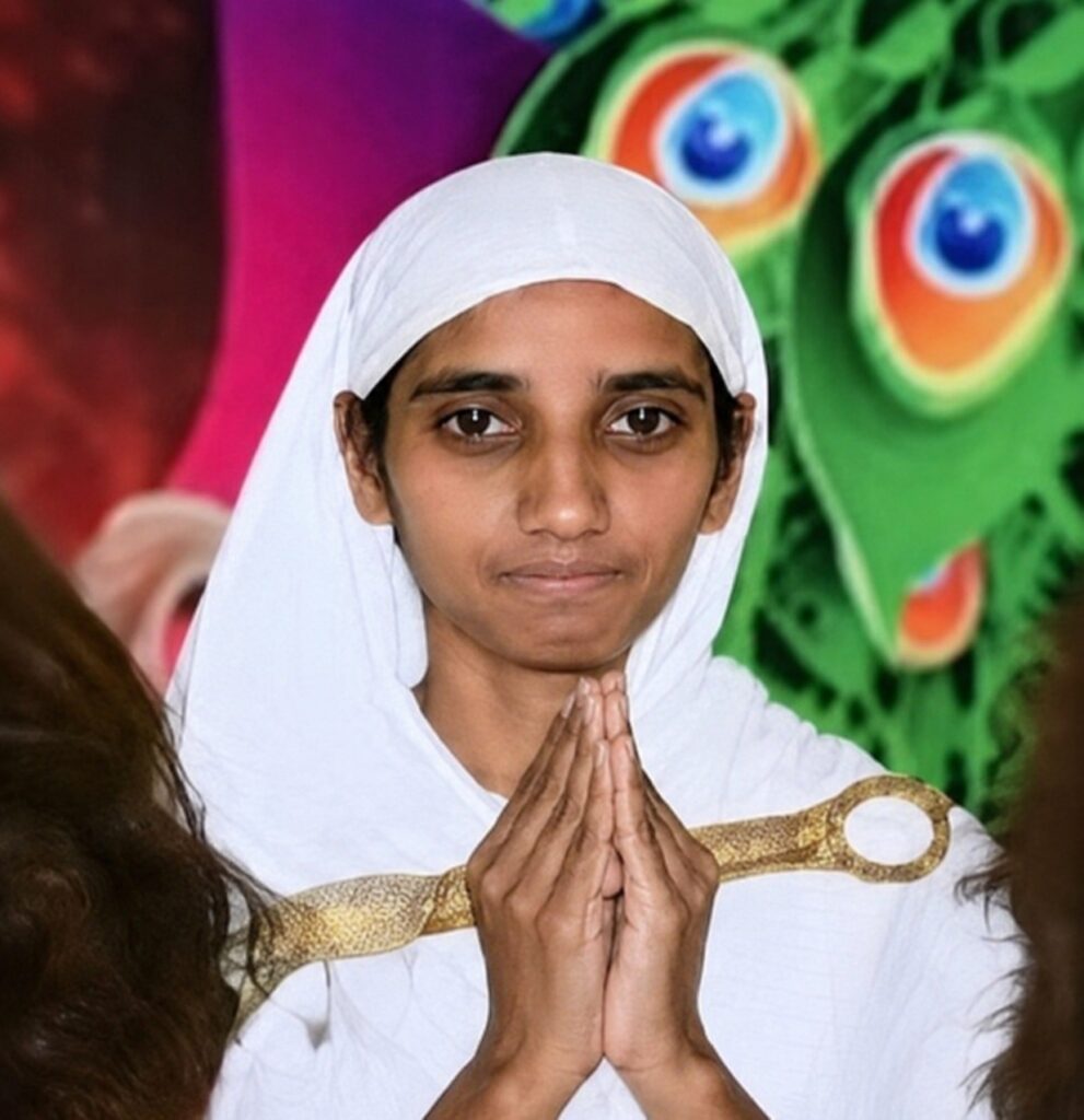 Girl in white headscarf and robes with hands pressed in prayer, serious expression, colorful background with frog imagery behind her