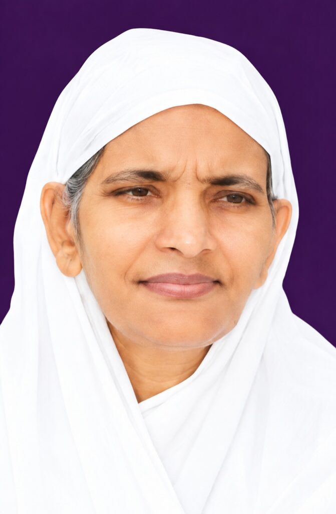 Portrait of a woman wearing a white headscarf against a deep purple backdrop, looking slightly to the side with a calm expression.