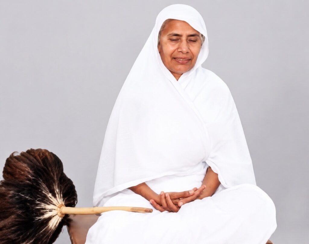 Person in a white robe with head covered, eyes closed, seated cross‑legged in a meditative pose; another person is partially visible on the left with a broom-like object nearby.