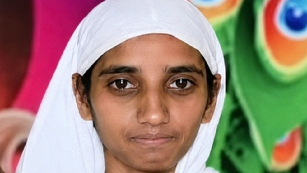 Close-up portrait of a girl wearing a white headscarf with a colorful background.