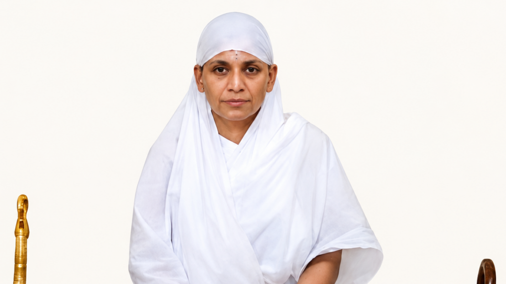 Woman in a white headscarf and robes, seated against a light background; a wooden staff sits to her left.