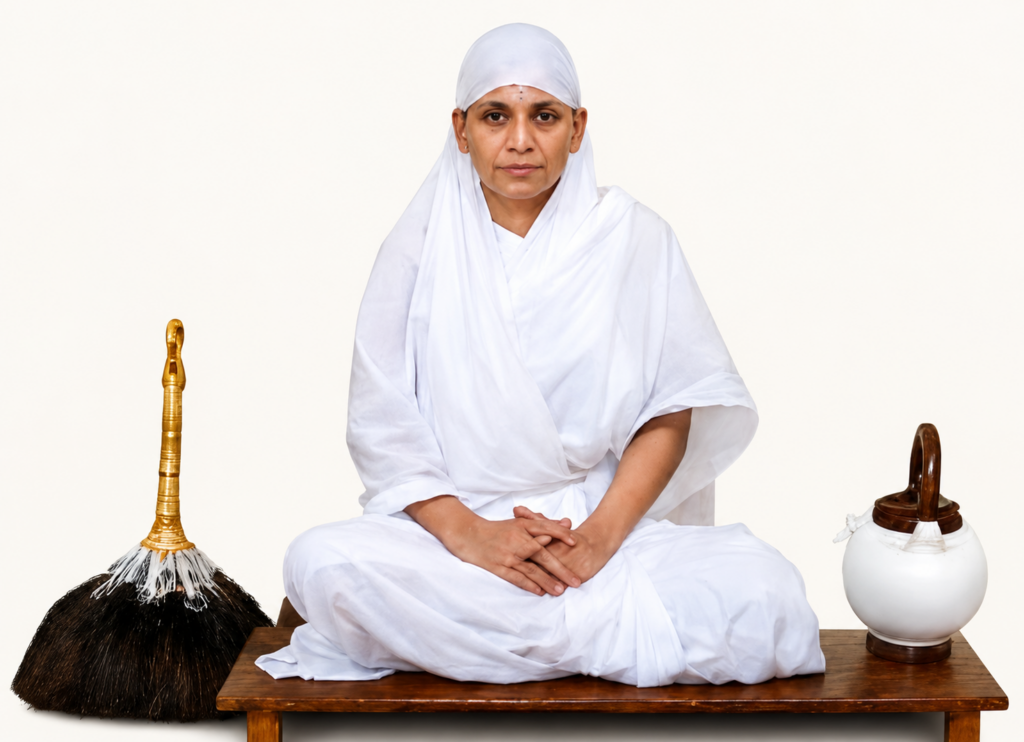 Person in white robes meditating cross‑legged on a wooden table, with a broom on the left and a white kettle on the right.