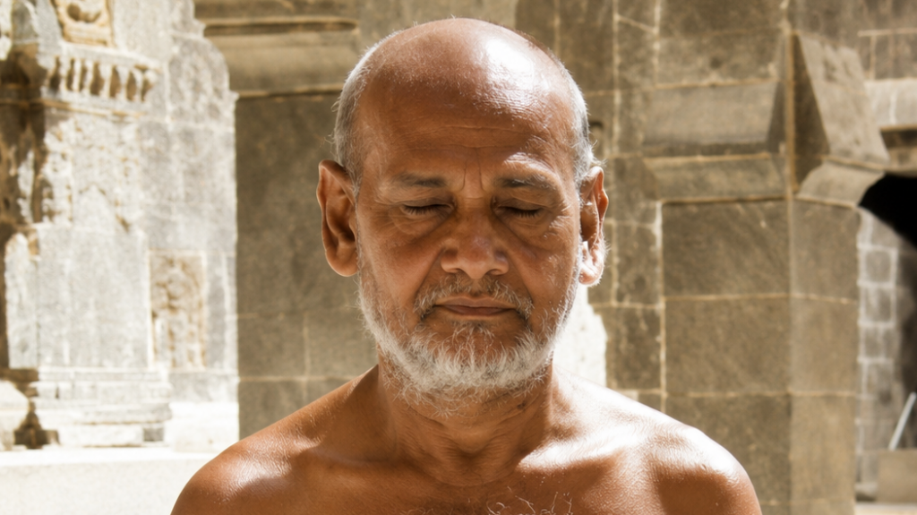 Portrait of an elderly, bald man with a white beard, shirtless, eyes closed, standing near ancient stone temple walls.