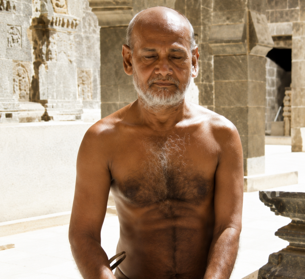 Elderly man with a gray beard, shirtless, meditating with closed eyes in a sunlit stone temple courtyard.