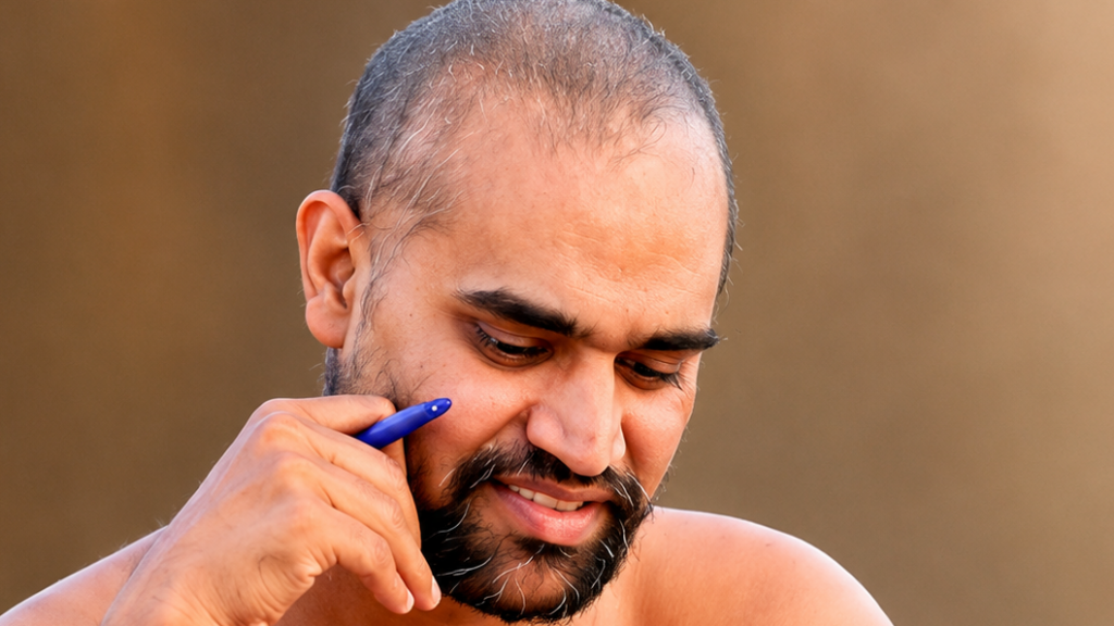 Man with a blue pen touching his face, looking down with a subtle smile in a close-up portrait