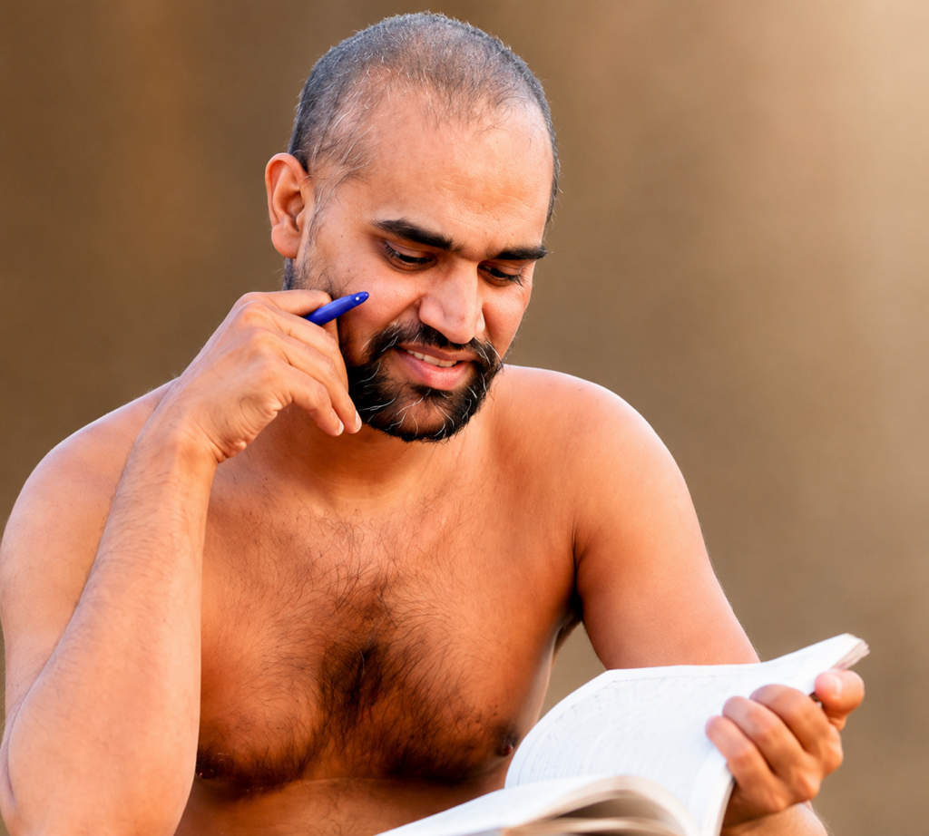 Bearded, shirtless man reading a notebook while holding a blue pen to his face, outdoors.