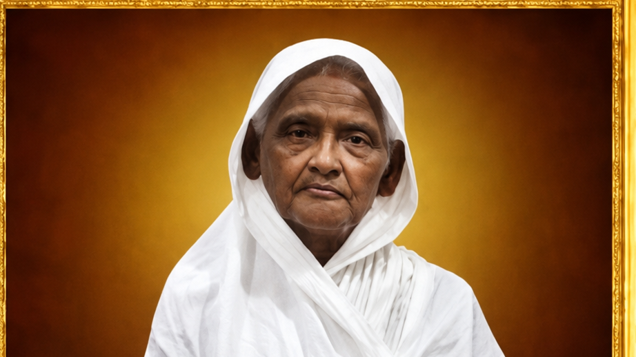 Portrait of an elderly woman in a white headscarf and robe against a warm golden background.
