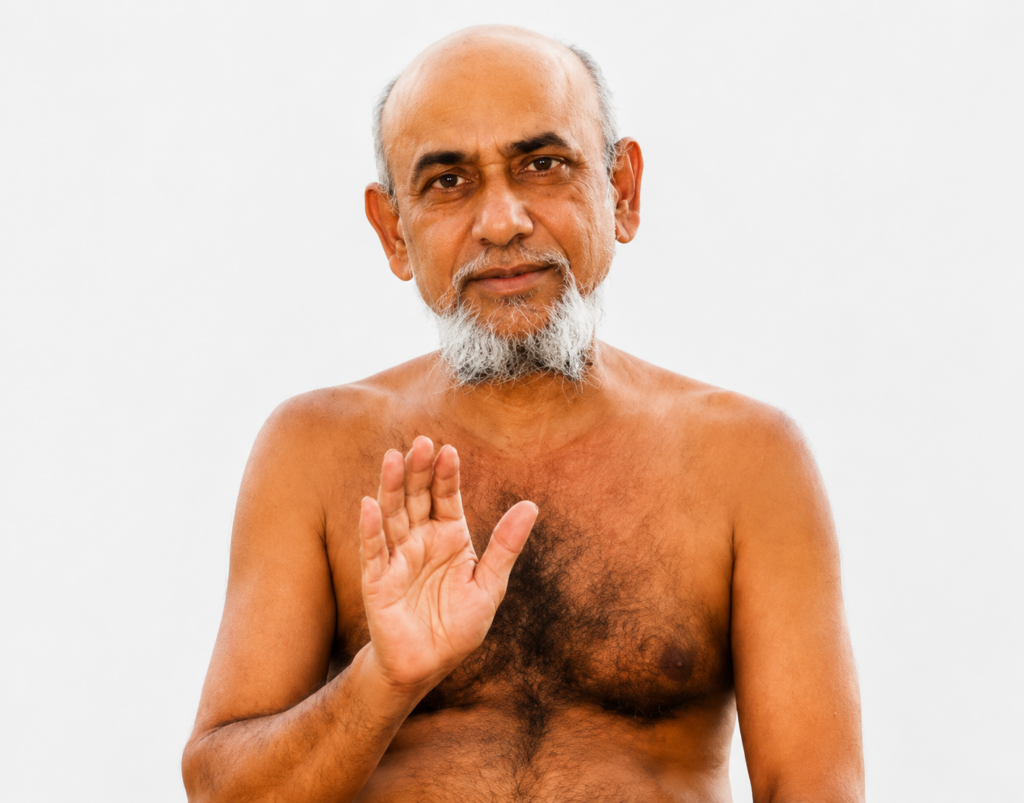Shirtless older man with a white beard raises his right hand in a friendly wave toward the camera.
