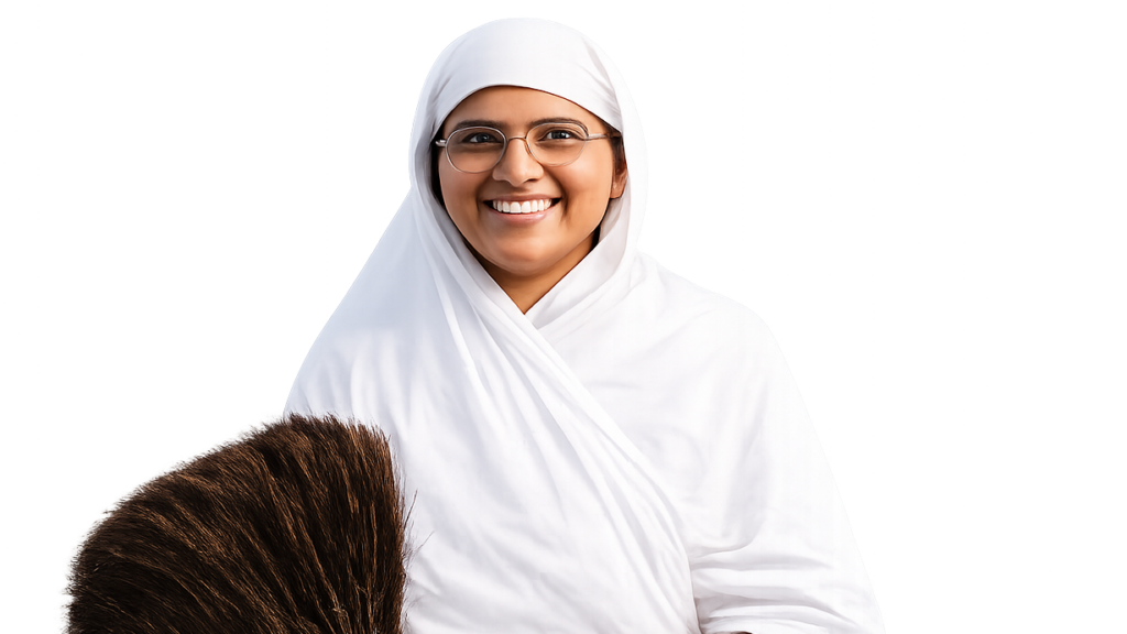 Smiling woman in a white hijab and glasses, with a large broom in the foreground.