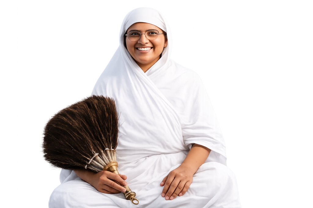 Smiling woman in a white robe and headscarf sitting, holding a large broom.