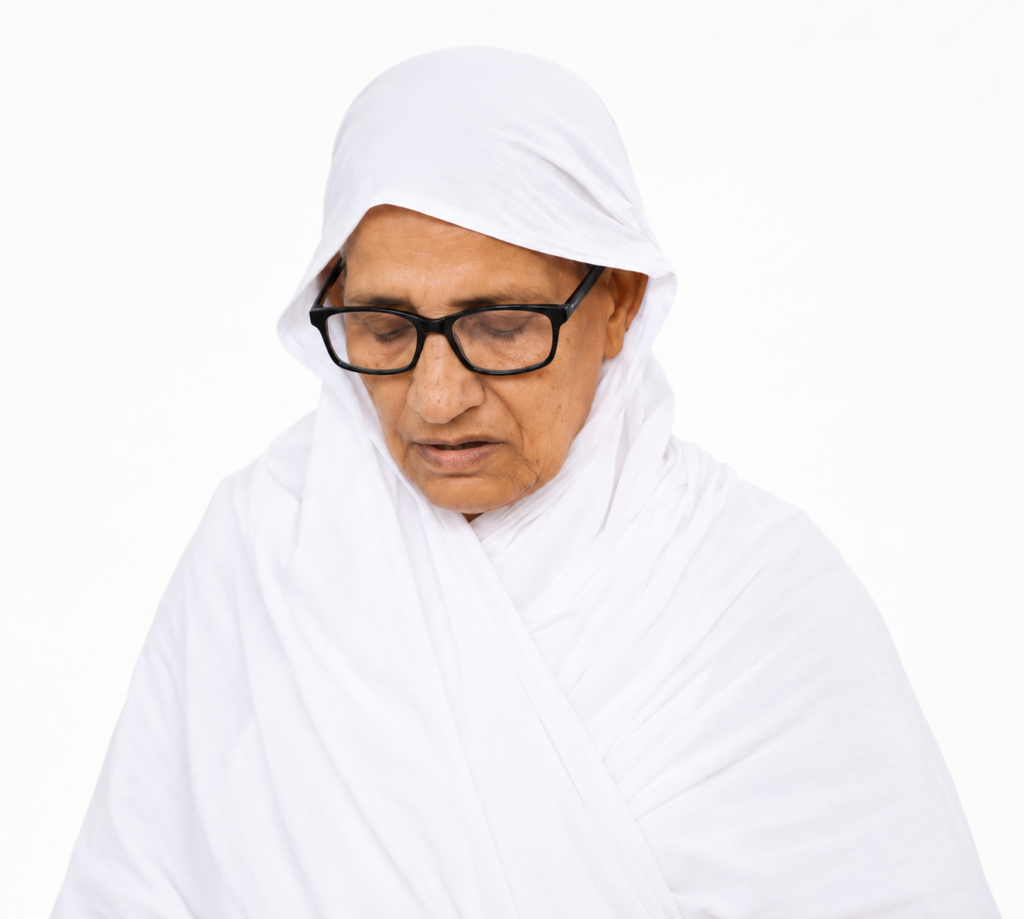 Elderly woman wearing a white headscarf and black glasses looking downward against a white background.