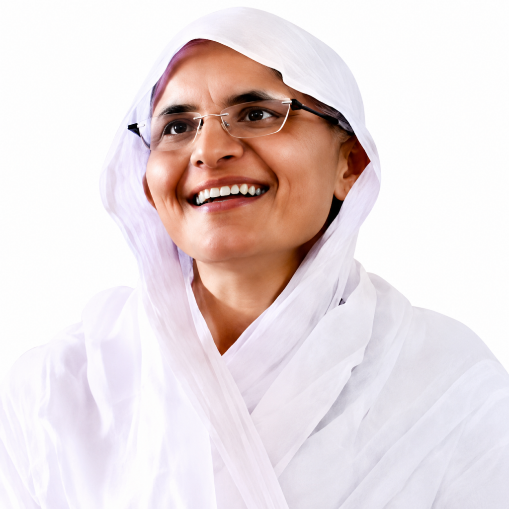 Smiling woman wearing a white hijab and glasses, looking slightly upward.