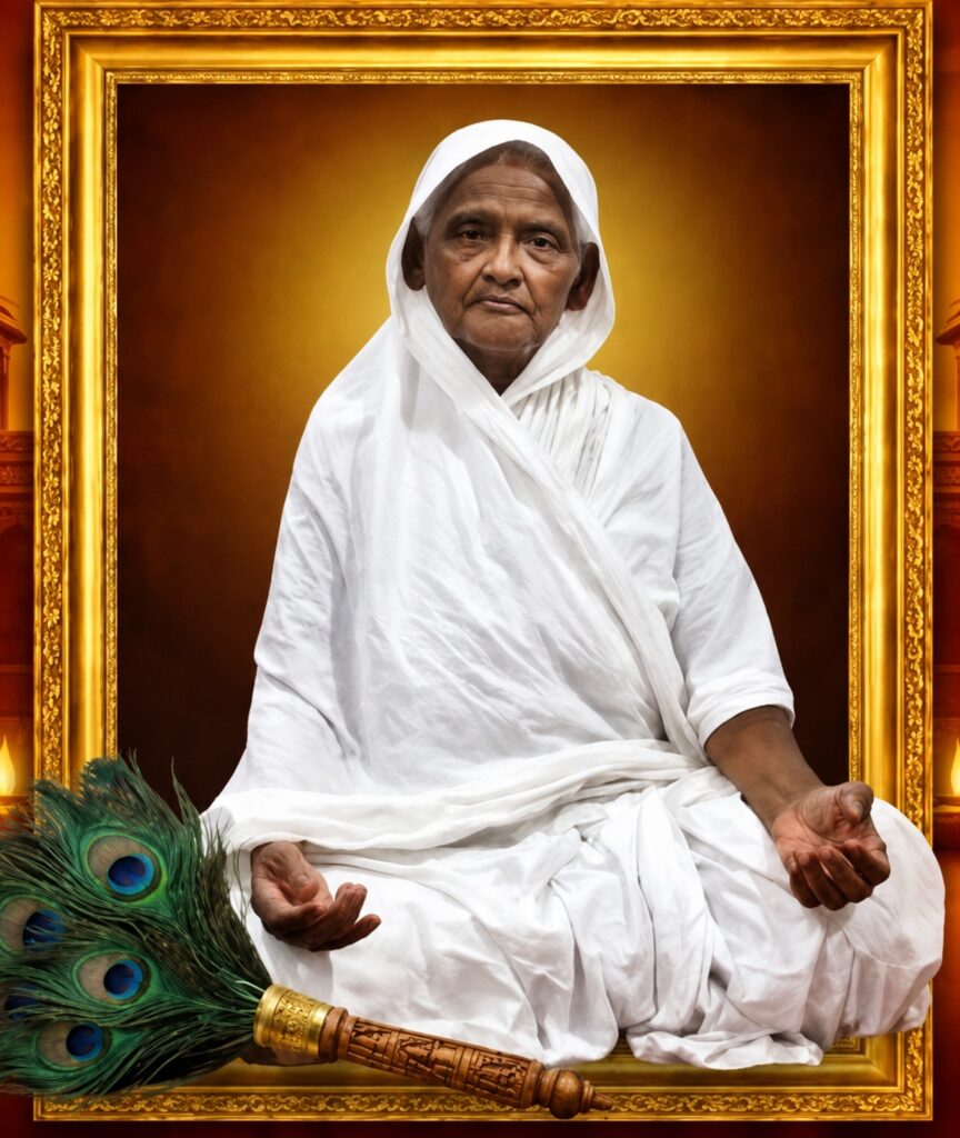 Elderly person dressed in white robes sits cross‑legged in a gold frame, hands resting in lap, with a peacock feather fan nearby.
