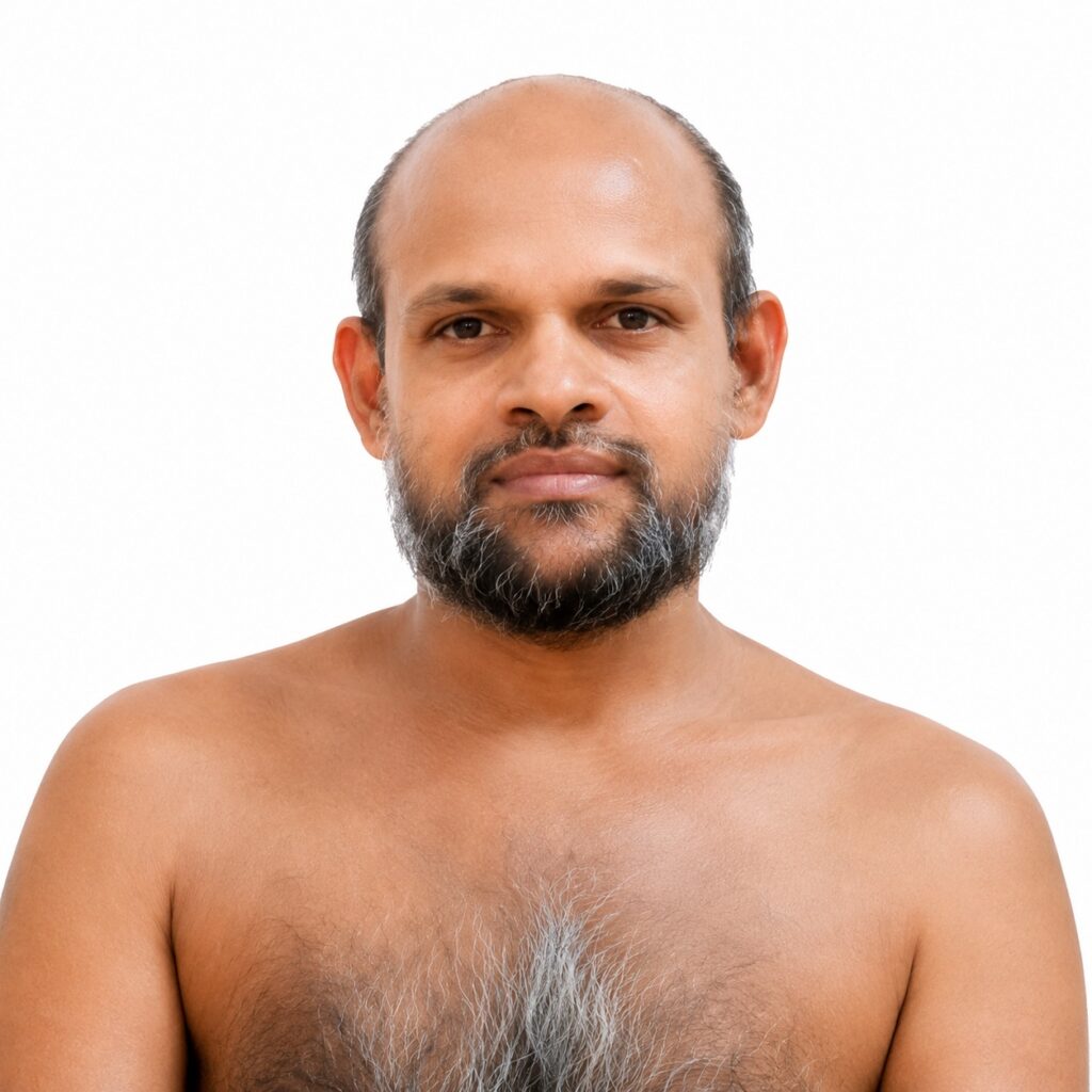 Portrait of a shirtless man with a gray beard facing the camera against a white studio background.