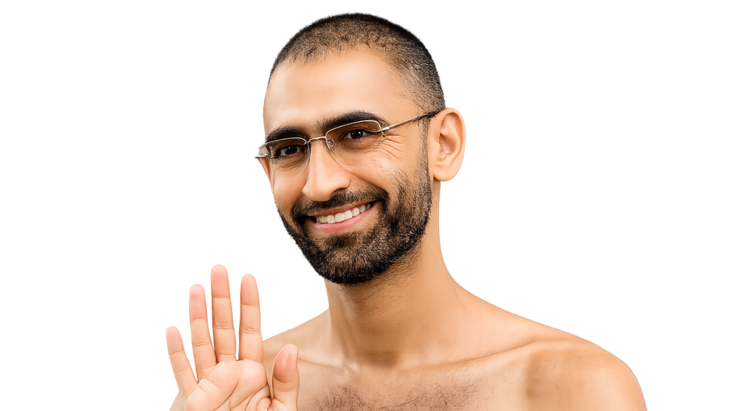 Smiling man with glasses waves hello in a welcoming portrait.