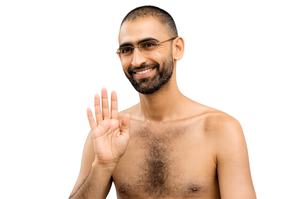 Smiling man with glasses waving hello at the camera, shirtless with a neutral gradient background.