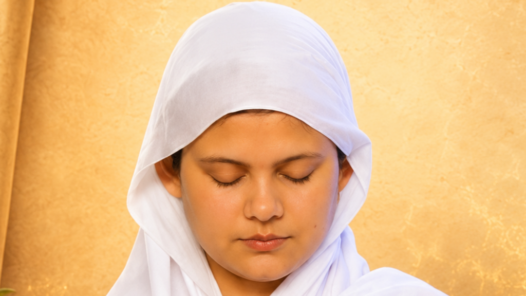 Girl wearing a white hijab with eyes closed, looking serene against a warm golden backdrop.