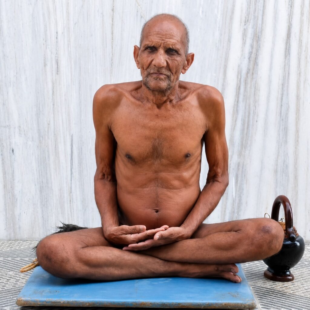 Shirtless elderly man sitting cross‑legged on a blue mat, meditating with hands resting on his lap in front of a marble wall.