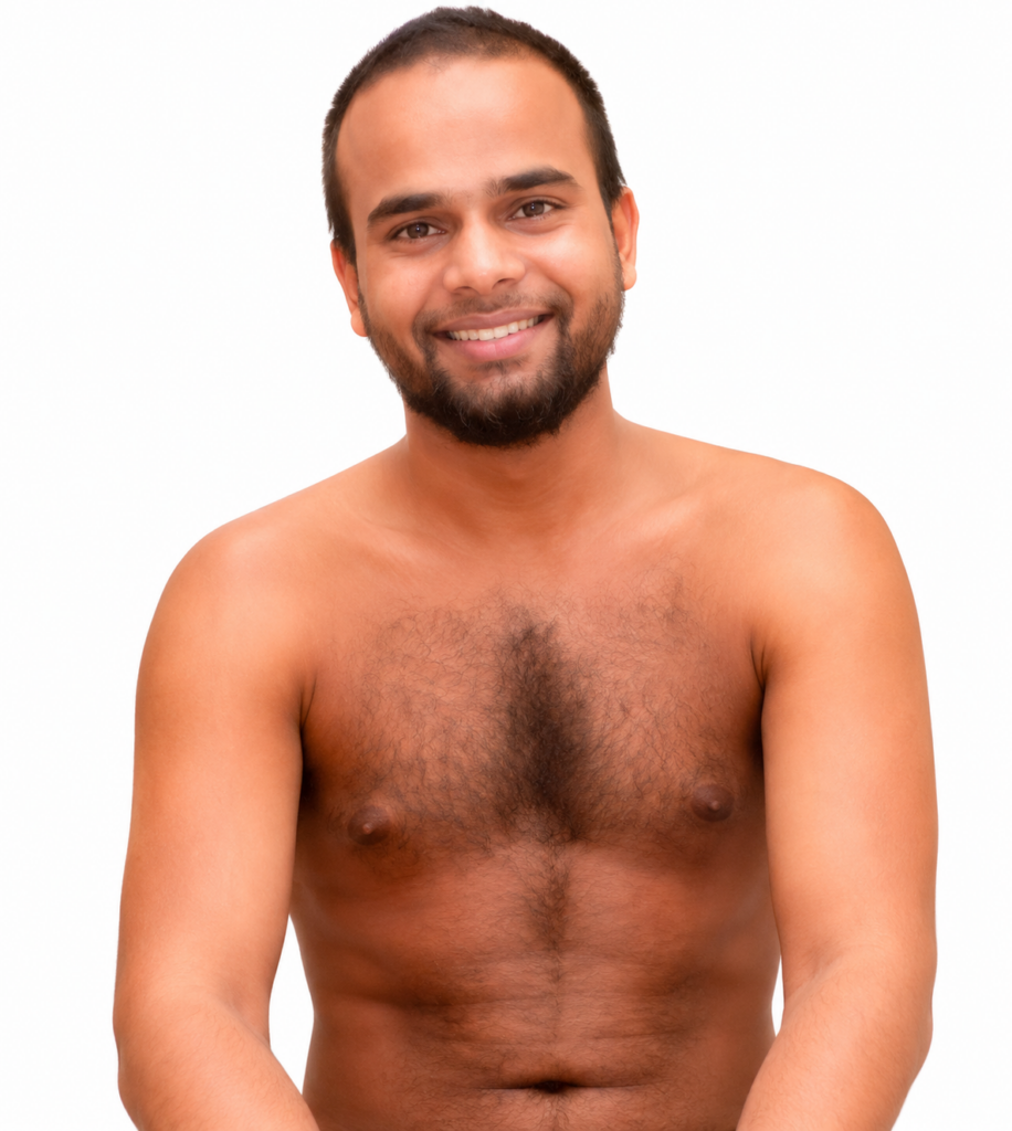 Smiling man with short dark hair and beard, shirtless, against a white background.