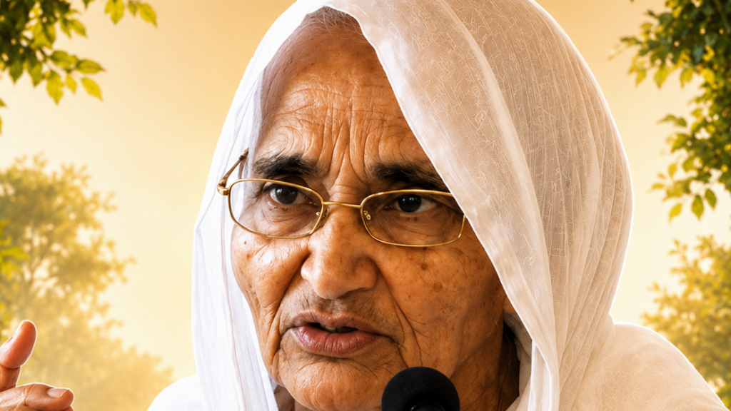Elderly woman wearing a white headscarf and glasses speaks into a microphone outdoors.