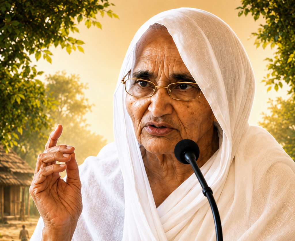 Elderly woman in a white headscarf speaking into a microphone outdoors with trees in the background.