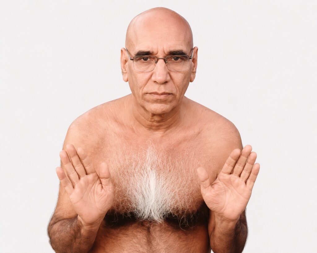 Older man with glasses, bald head and white beard holds up both hands in a stop gesture, facing the camera.