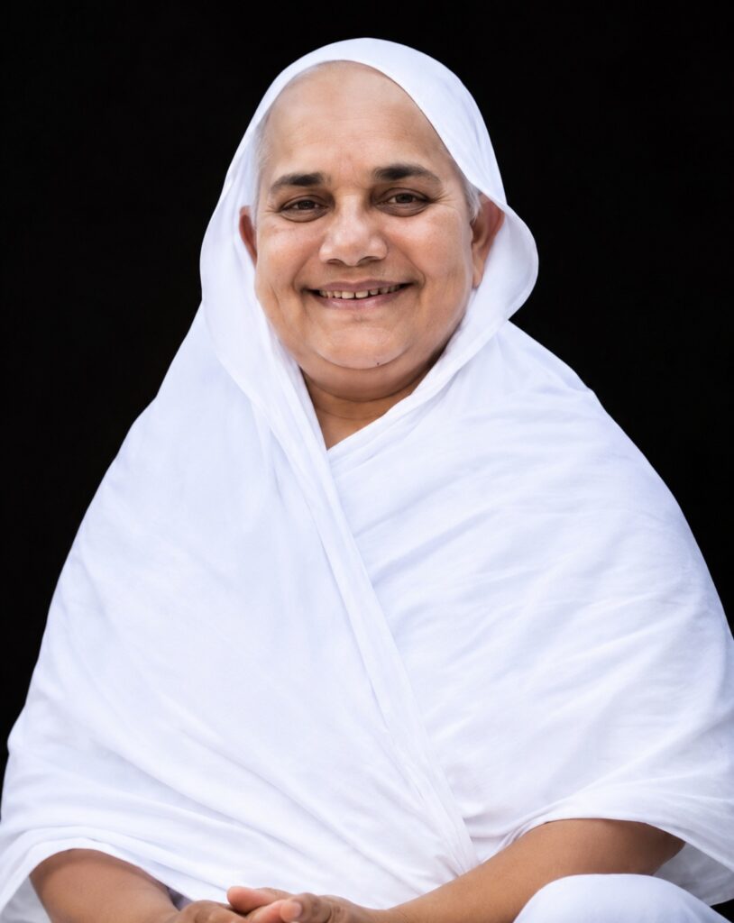Smiling person in a white headscarf and robe against a black background.