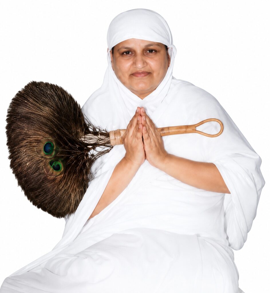 Woman in white robes with hands pressed together in prayer, a large broom resting on her shoulder behind her, against a white background.