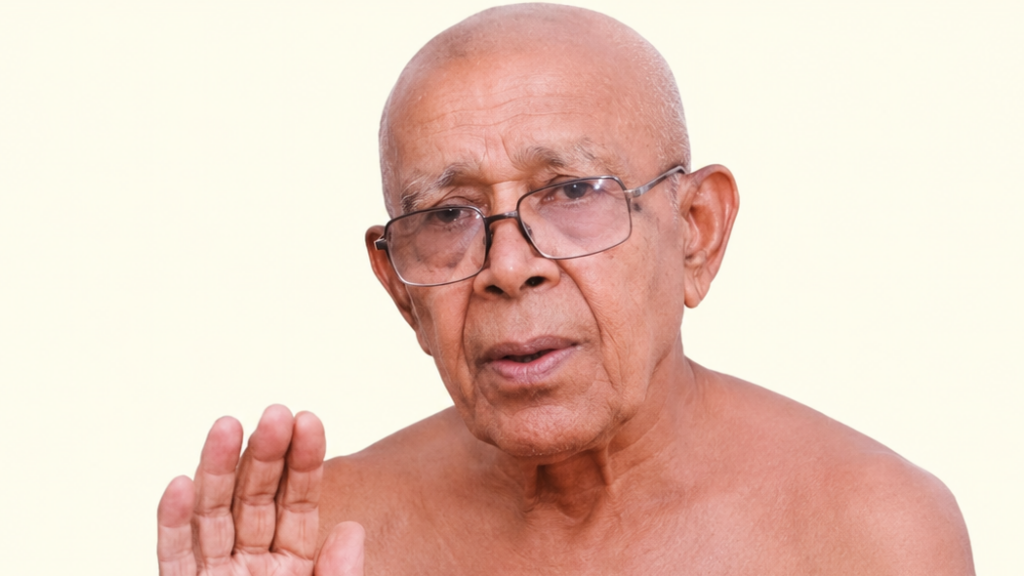 Elderly man with glasses, bare shoulders, raising his right hand as if signaling stop or greeting.