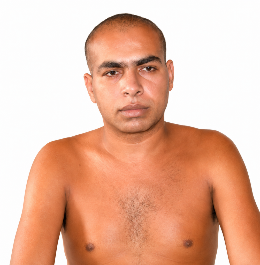 Portrait of a shirtless man with short hair and a neutral expression against a white background.