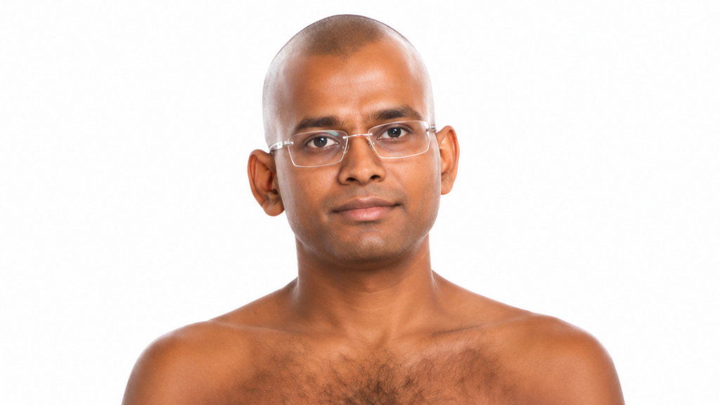 Portrait of a man with rectangular glasses, shaved head, and a neutral expression against a white background.