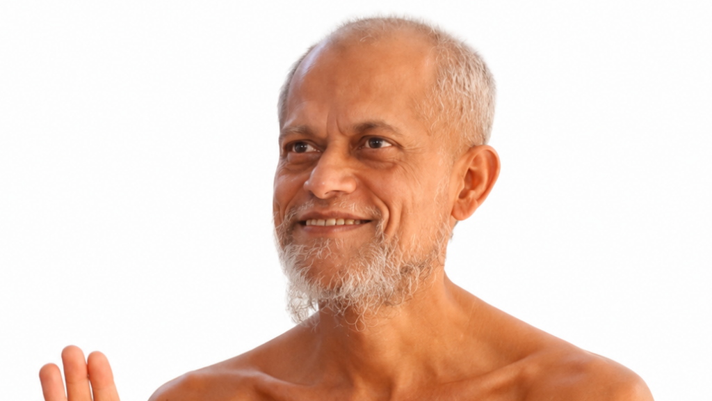 Smiling older man with gray beard, bare shoulders, facing slightly to the right against a white background.