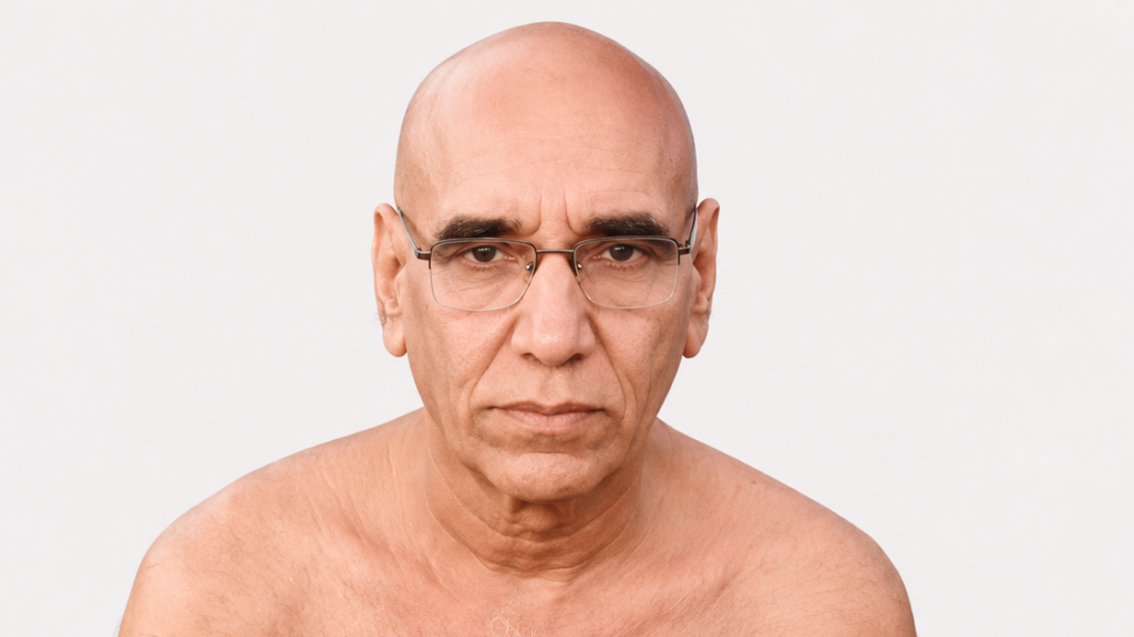 Portrait of a bald middle-aged man wearing glasses, looking straight at the camera against a plain light background.