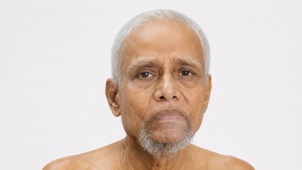Close-up portrait of an elderly man with short white hair and a gray goatee, looking straight at the camera with a neutral expression.