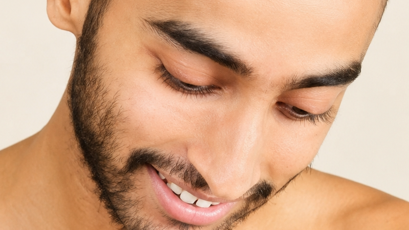 Close-up of a smiling man with a trimmed beard, looking down with eyes closed.