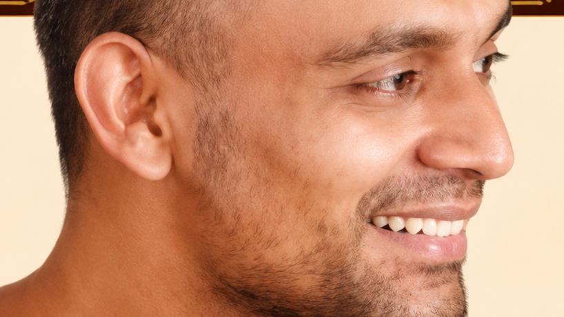 Close-up side profile of a smiling man with short facial hair and visible teeth.