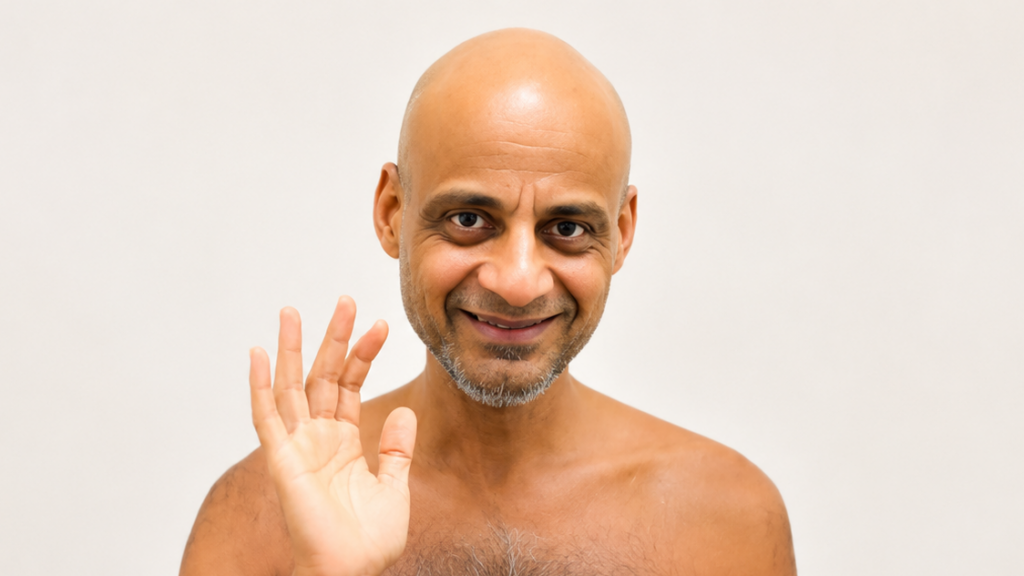 Smiling, bald man waves hello at the camera in a close-up portrait.