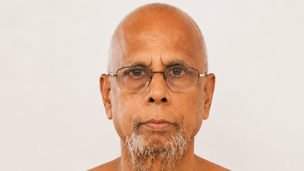 Close-up portrait of an older man with glasses and a gray goatee looking at the camera with a neutral expression
