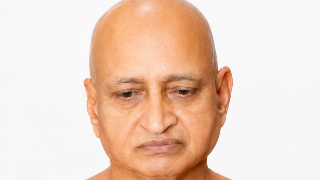 Close-up of a bald middle-aged man with a somber, downcast expression against a white background.