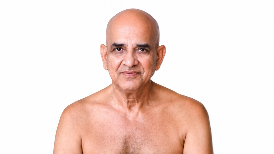 Portrait of a bald, middle-aged man with a neutral expression, shirtless against a white background.