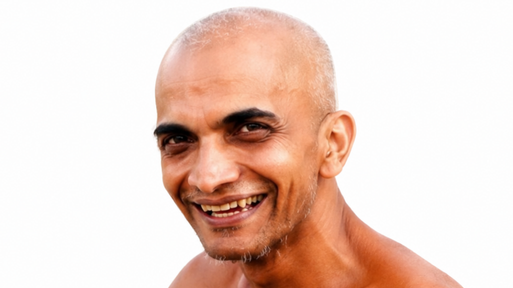 Smiling bald man with light stubble against a white background.