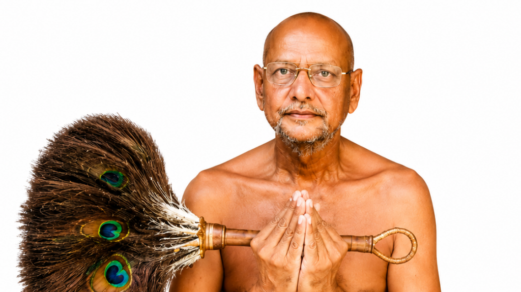 Older bald man with glasses holds a large peacock feather fan and clasps his hands in prayer on a white background.