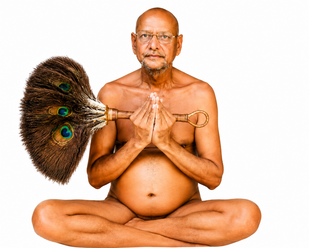 Meditating man with bare chest in a cross-legged pose, hands in prayer, holding a large peacock-feather ceremonial whisk.