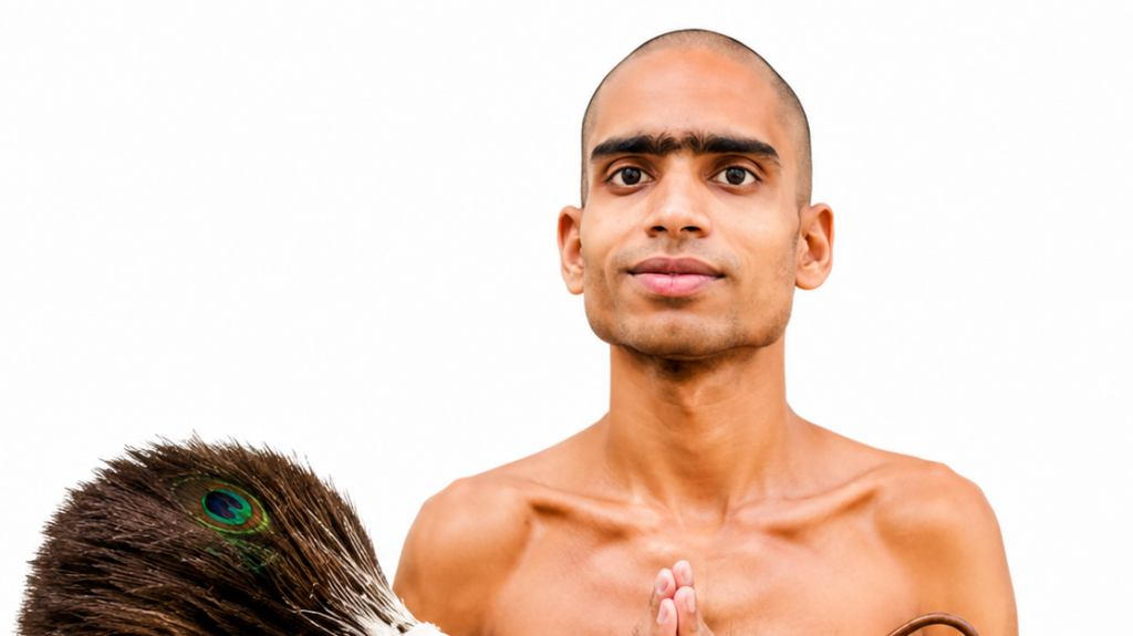Portrait of a shirtless man with hands pressed together in a prayer pose, a peacock feather visible on his left side against a white background.