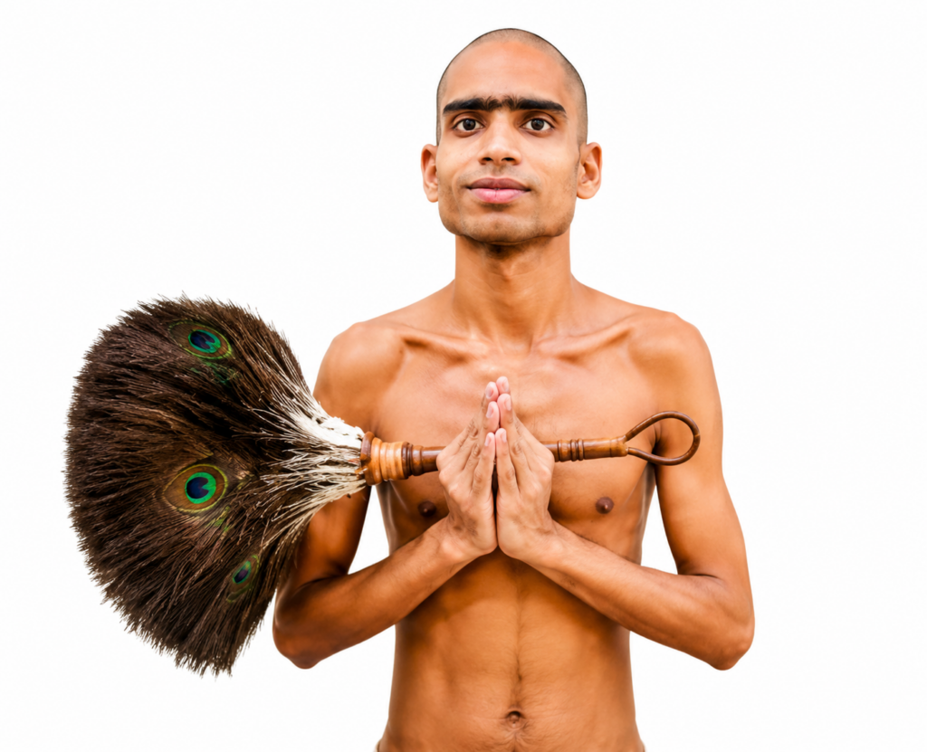 Shirtless man with hands pressed together in prayer, holding a large peacock-feather fly whisk across his chest.