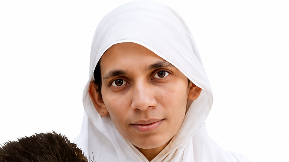 Close-up portrait of a woman wearing a white hijab, looking softly at the camera.