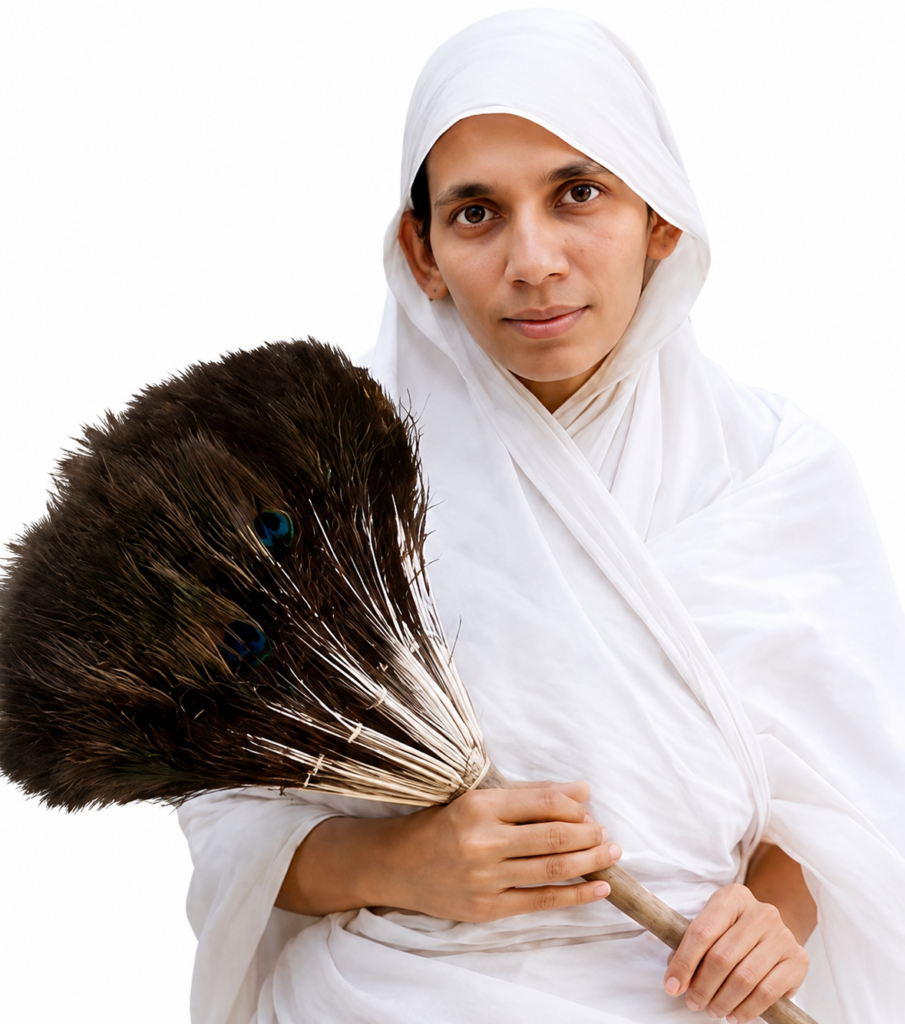 Woman in a white headscarf and robes holding a large feather broom (peacock feathers) against a white background.
