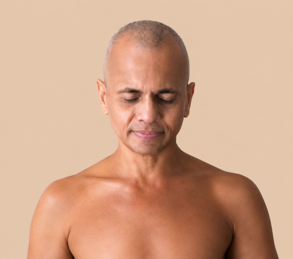 Man with bare shoulders and closed eyes, calm expression, against a beige background.