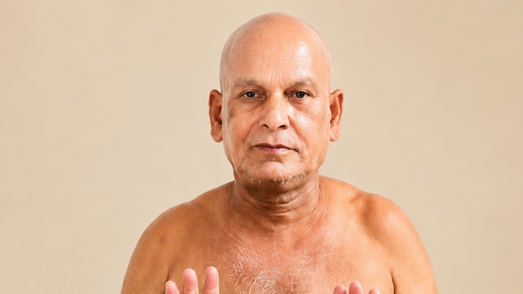 Portrait of a bald, shirtless older man facing the camera with hands raised in front against a beige background.